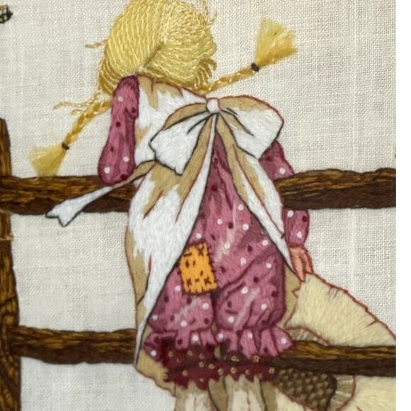 Holly Hobbie Garden Gate Embroidered Needle Point Vintage Framed Art - Picture 3 of 12